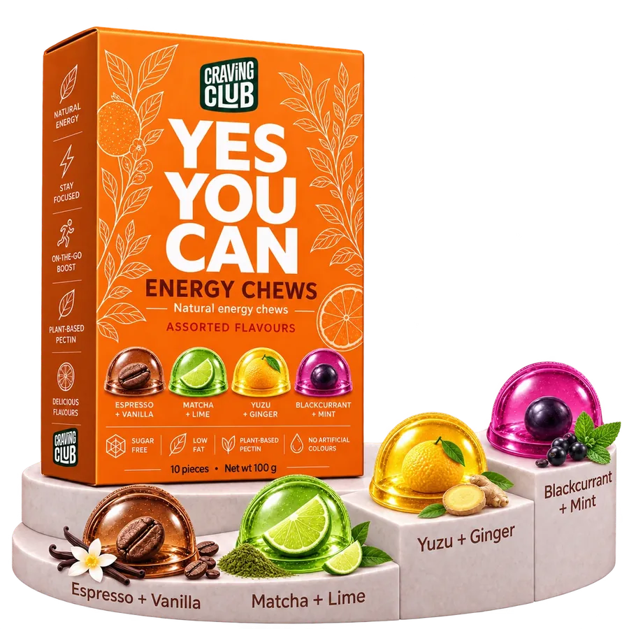 YES YOU CAN ENERGY CHEWS pack on a stepped podium with four flavours: Espresso + Vanilla, Matcha + Lime, Yuzu + Ginger, Blackcurrant + Mint