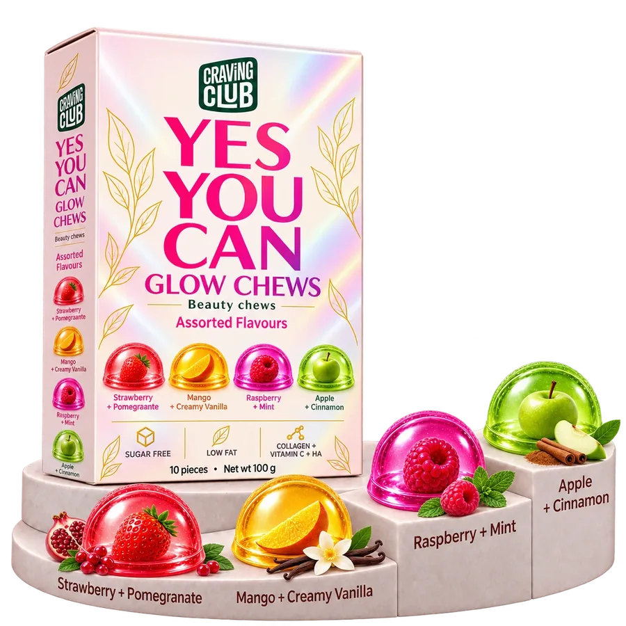 YES YOU CAN GLOW CHEWS pack on a stepped podium with four flavours: Strawberry + Pomegranate, Mango + Creamy Vanilla, Raspberry + Mint, Apple + Cinnamon