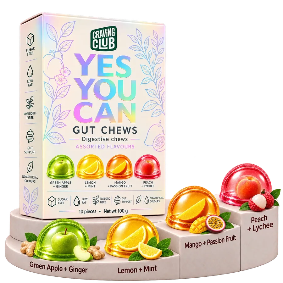 YES YOU CAN GUT CHEWS pack on a stepped podium with four flavours: Green Apple + Ginger, Lemon + Mint, Mango + Passion Fruit, Peach + Lychee