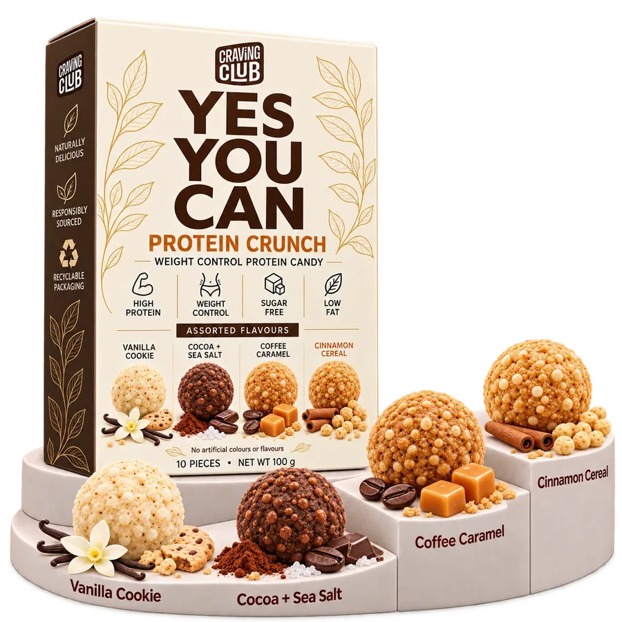 YES YOU CAN PROTEIN CRUNCH pack on a stepped podium with four flavours: Vanilla Cookie, Cocoa + Sea Salt, Coffee Caramel, Cinnamon Cereal