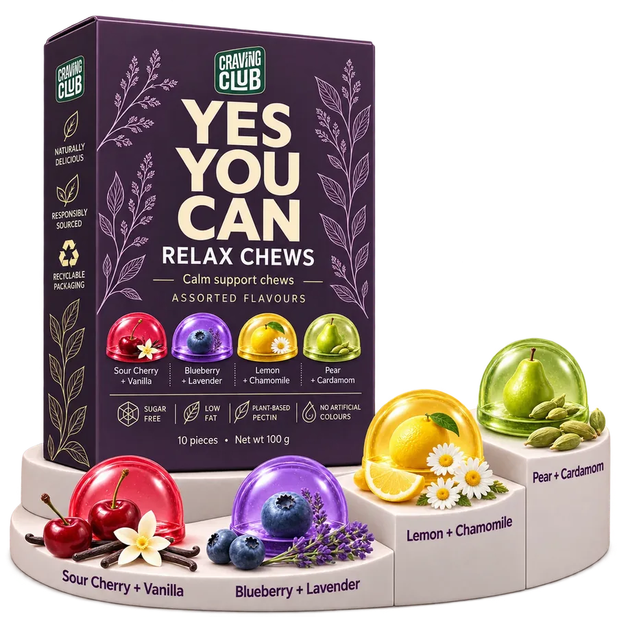 YES YOU CAN RELAX CHEWS pack on a stepped podium with four flavours: Sour Cherry + Vanilla, Blueberry + Lavender, Lemon + Chamomile, Pear + Cardamom