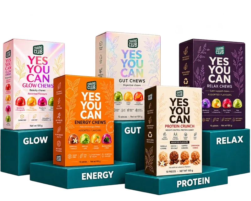 Five YES YOU CAN packs on plinths: Glow, Energy, Gut, Protein, Relax